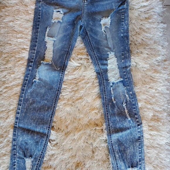 Women's Distressed Skinny Jeans Elastic Waist Bleach Wash - Picture 3 of 4